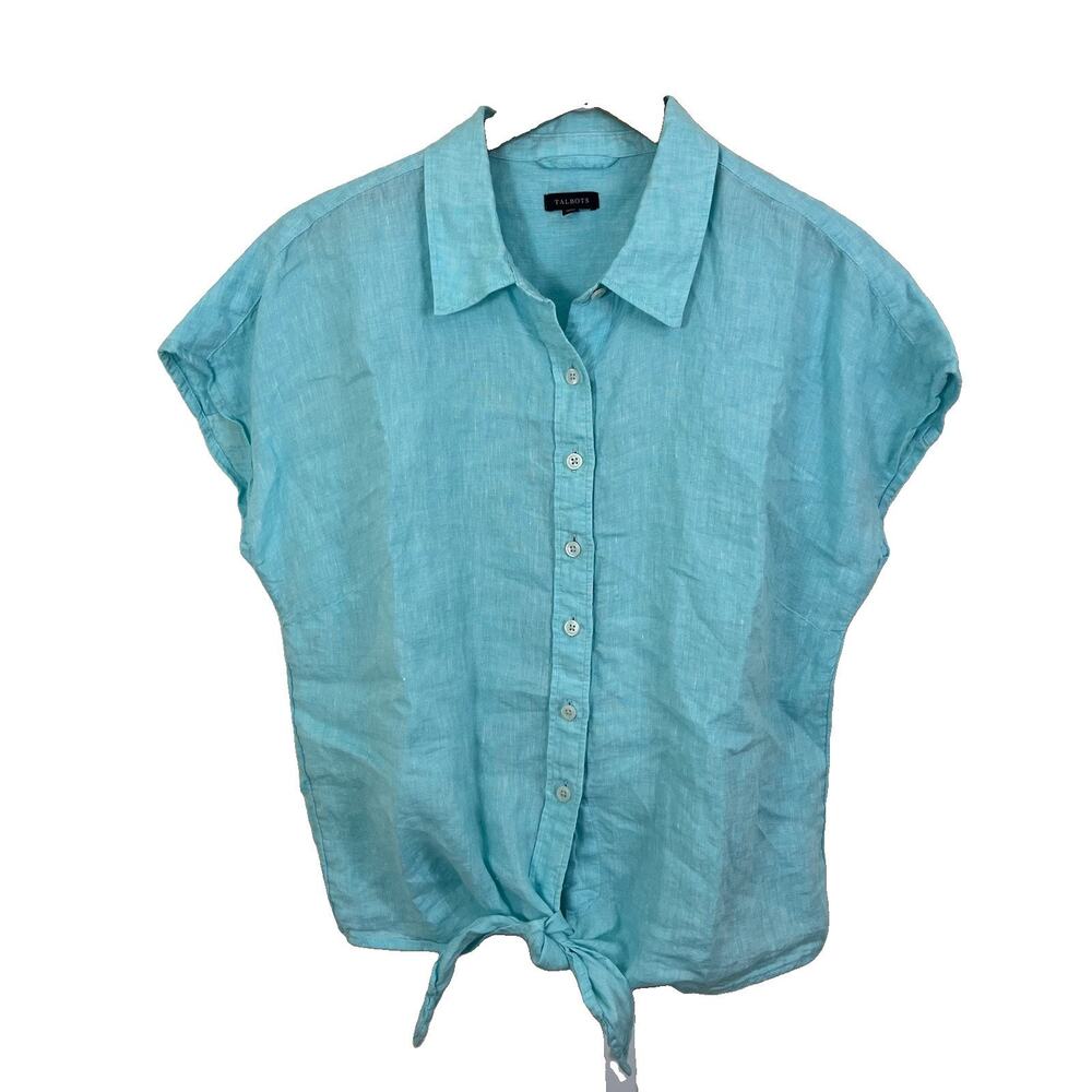 Talbots Linen Tie Front Shirt Womens M Button Down Short Sleeve Aqua